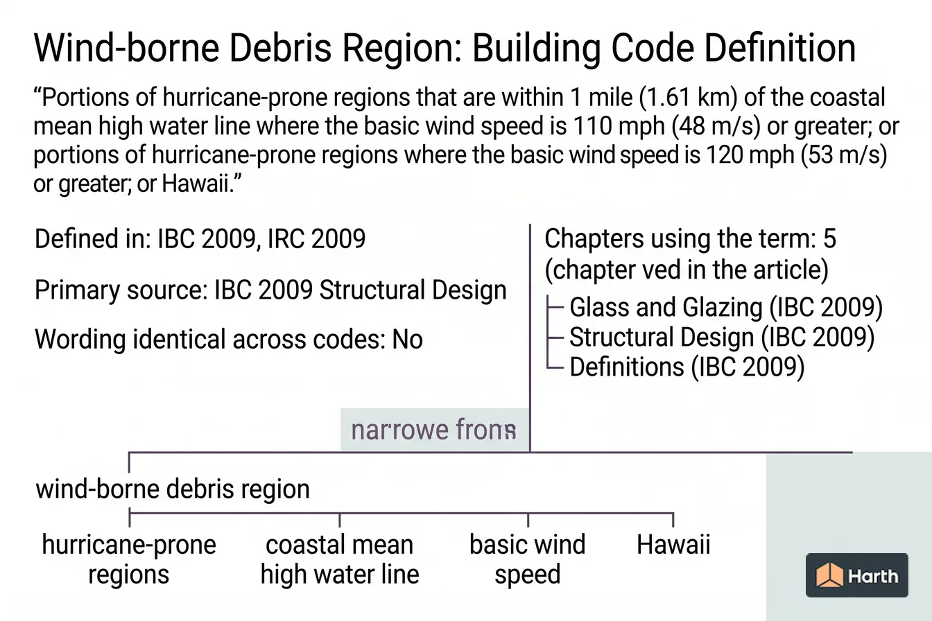 Labeled code-term definition diagram: Wind-borne Debris Region: Building Code Definition