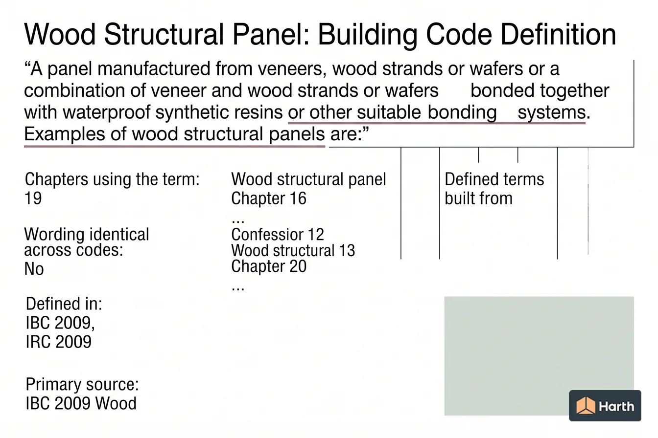 Labeled code-term definition diagram: Wood Structural Panel: Building Code Definition