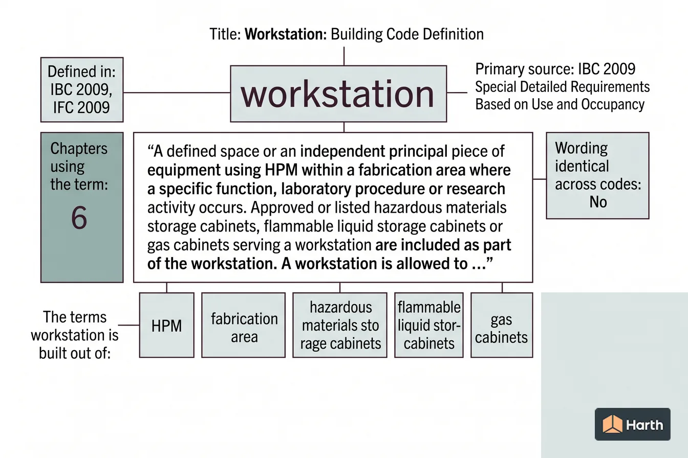 Labeled code-term definition diagram: Workstation: Building Code Definition