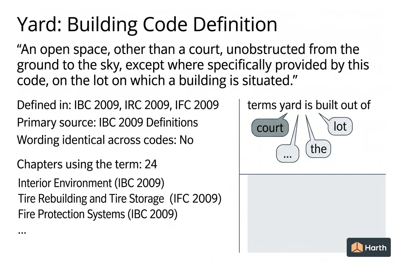 Labeled code-term definition diagram: Yard: Building Code Definition