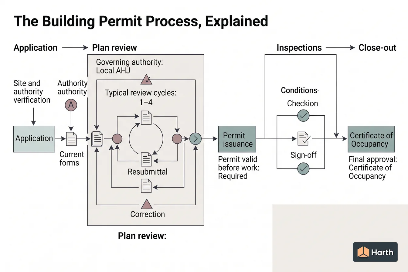 Building-approval workflow diagram: The Building Permit Process, Explained
