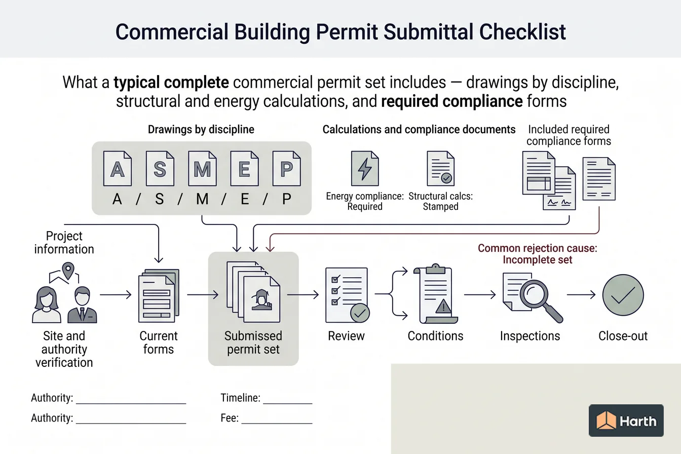 Building-approval workflow diagram: Commercial Building Permit Submittal Checklist
