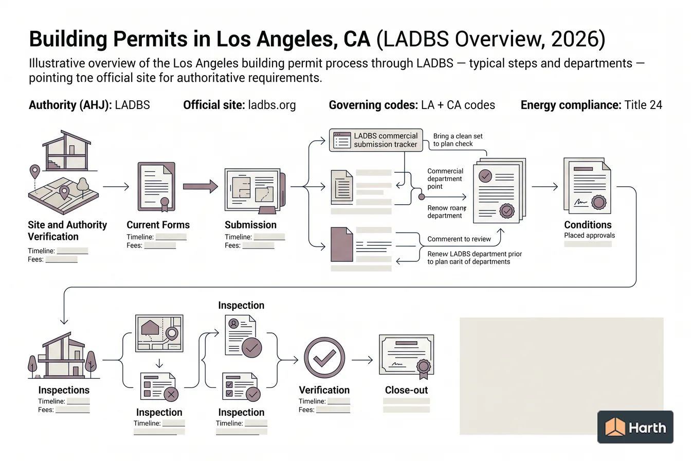 Building-approval workflow diagram: Building Permits in Los Angeles, CA (LADBS Overview, 2026)