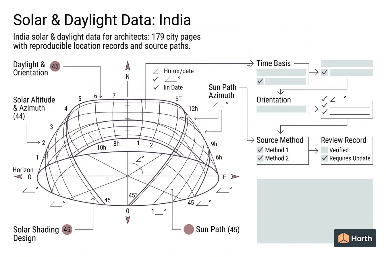 Labeled sun-path diagram: Solar & Daylight Data: India