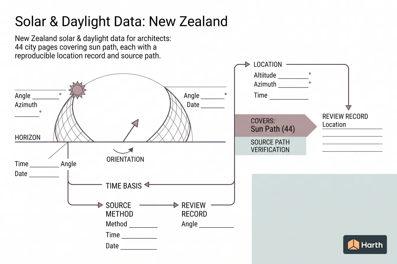 Labeled sun-path diagram: Solar & Daylight Data: New Zealand