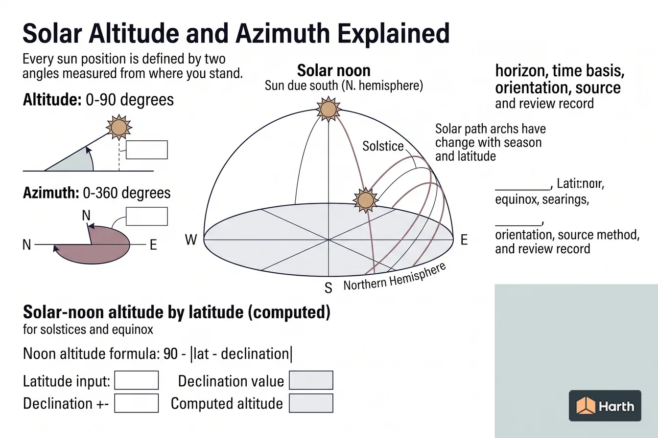 Labeled sun-path diagram: Solar Altitude and Azimuth Explained