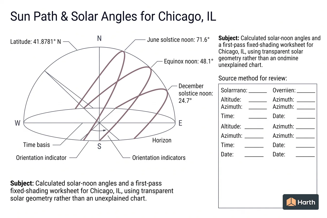 Labeled sun-path diagram: Sun Path & Solar Angles for Chicago, IL