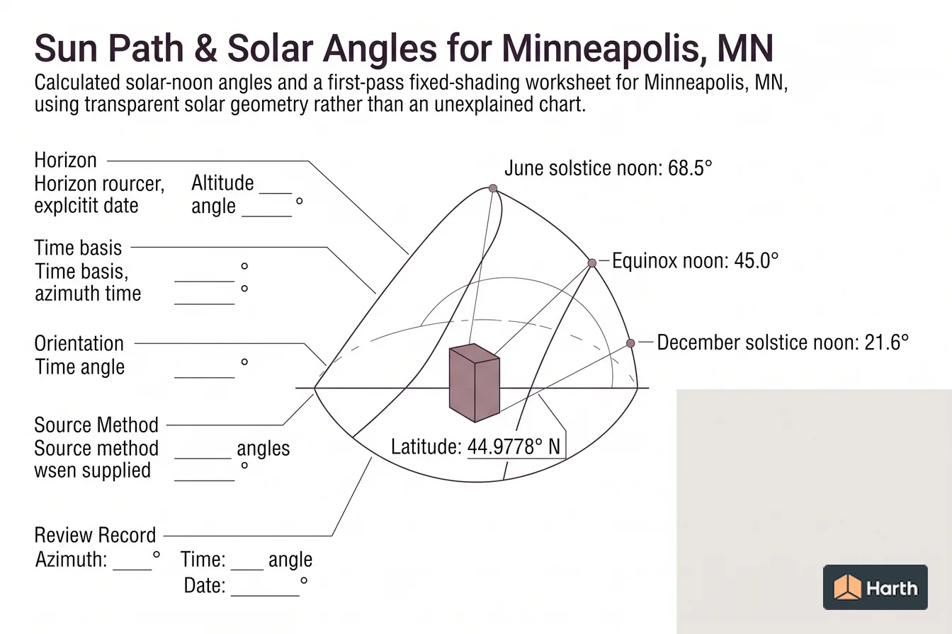 Labeled sun-path diagram: Sun Path & Solar Angles for Minneapolis, MN