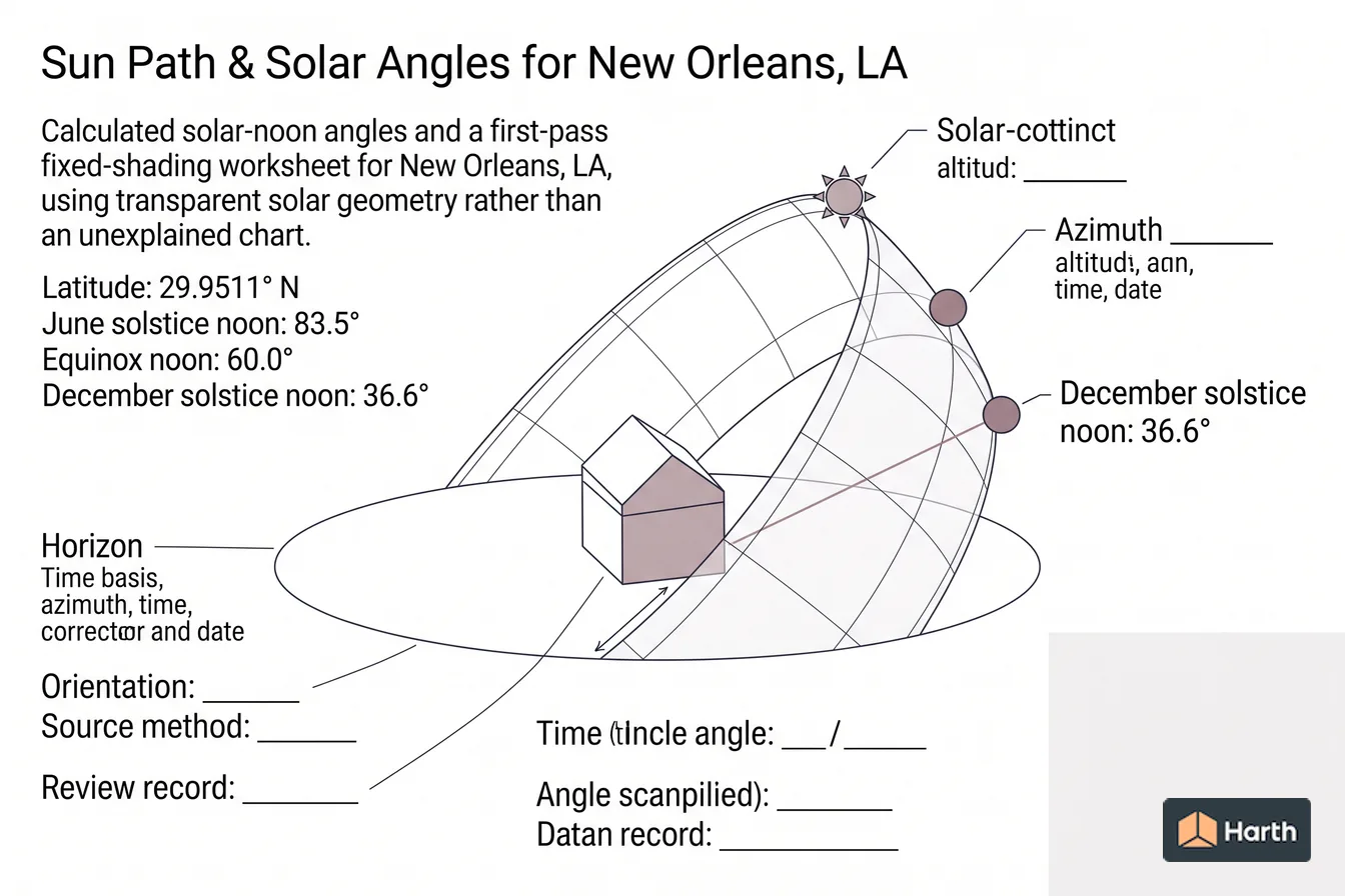 Labeled sun-path diagram: Sun Path & Solar Angles for New Orleans, LA