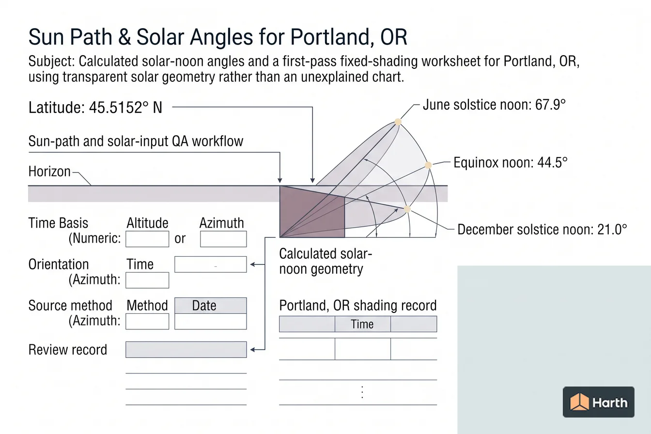 Labeled sun-path diagram: Sun Path & Solar Angles for Portland, OR