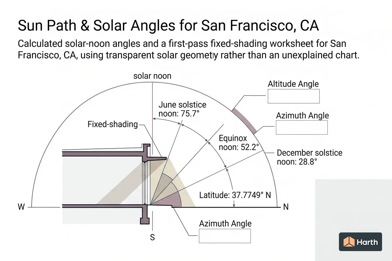 Labeled sun-path diagram: Sun Path & Solar Angles for San Francisco, CA