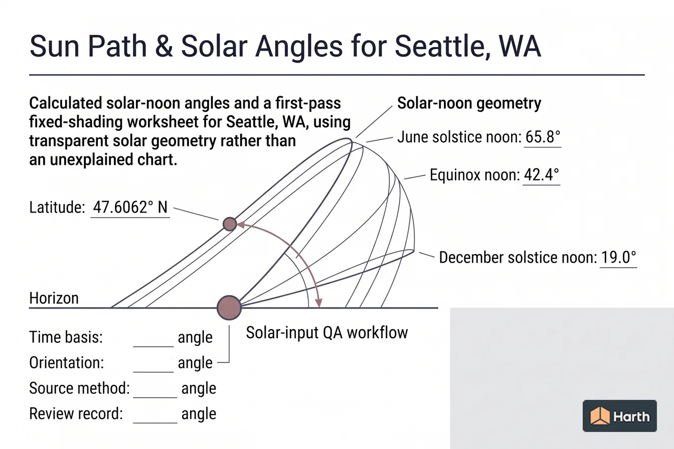 Labeled sun-path diagram: Sun Path & Solar Angles for Seattle, WA
