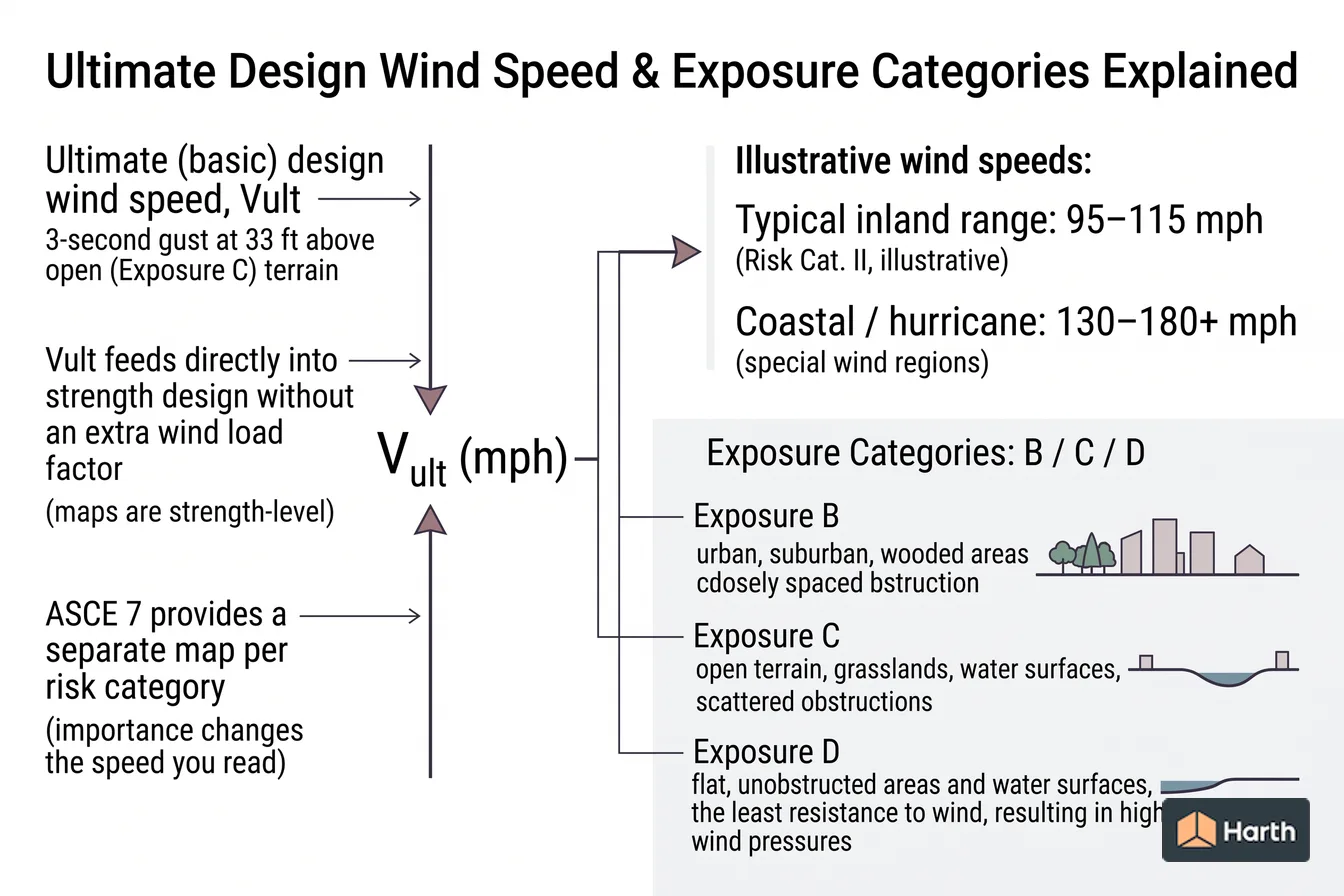 Labeled structural load diagram: Ultimate Design Wind Speed & Exposure Categories Explained