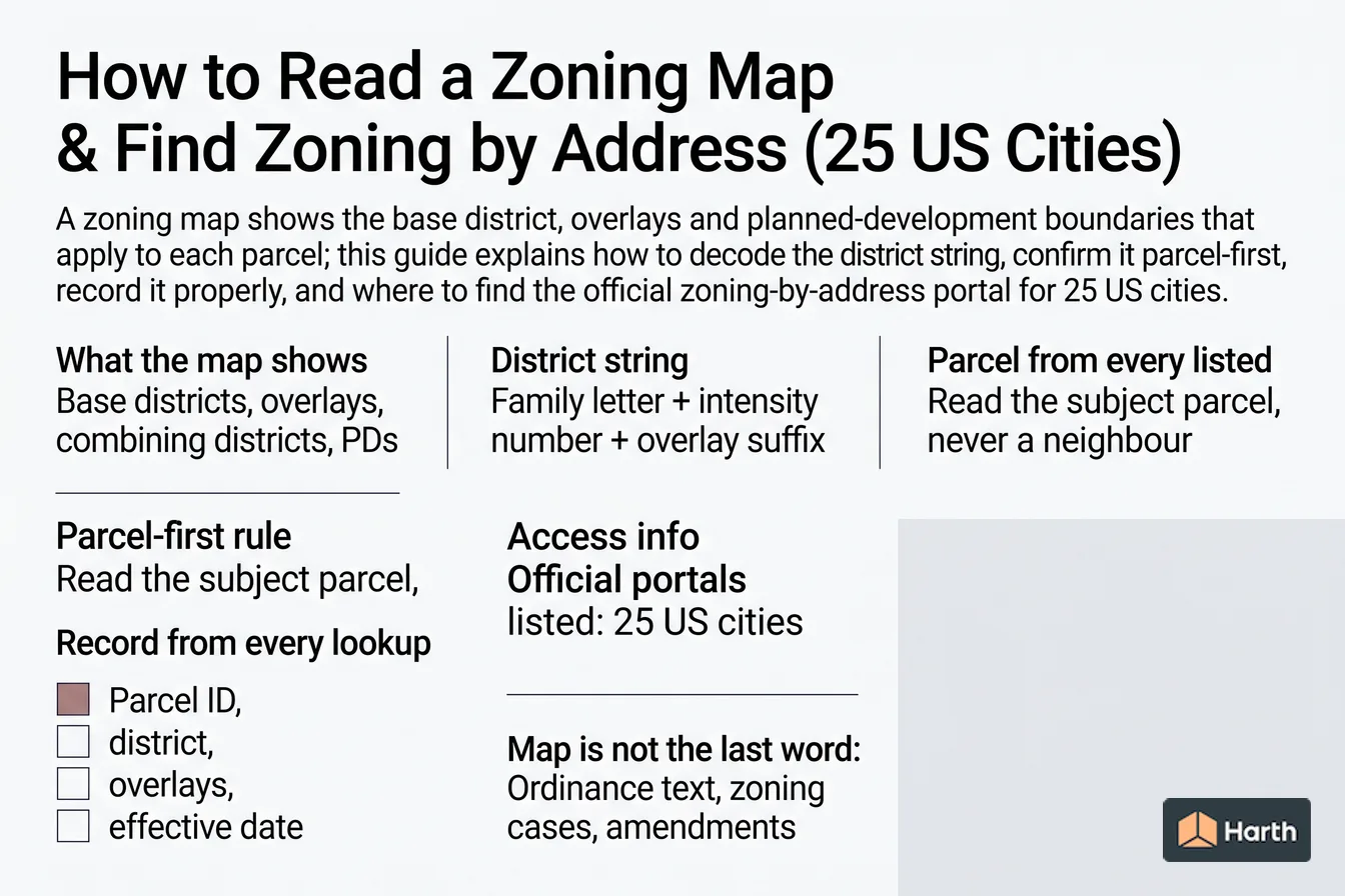 Planning and zoning verification diagram: How to Read a Zoning Map & Find Zoning by Address (25 US Cities)