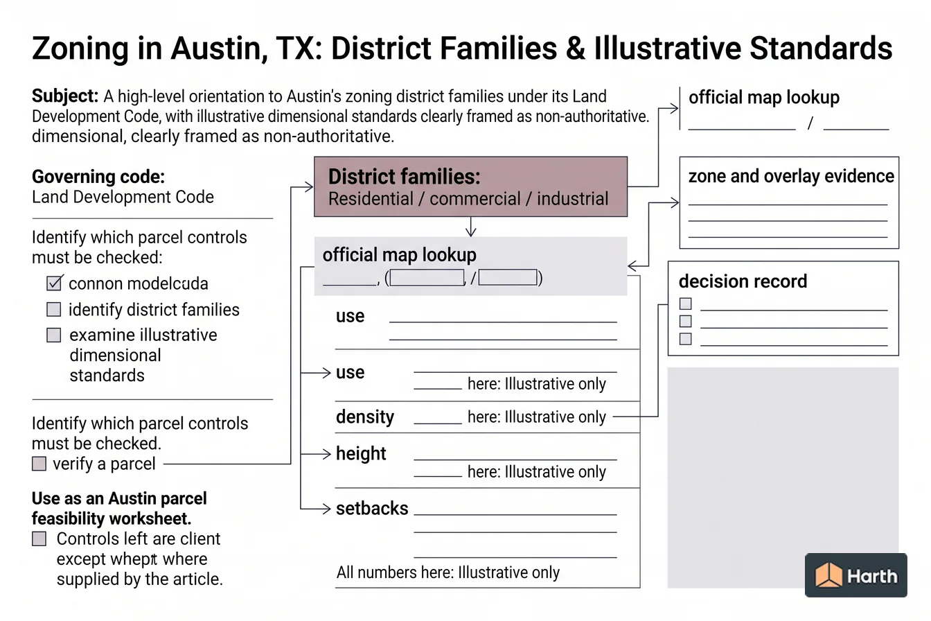 Planning and zoning verification diagram: Zoning in Austin, TX: District Families & Illustrative Standards